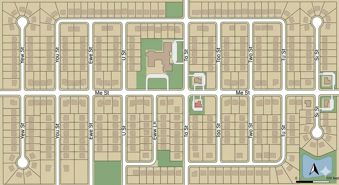 Municipal-style plat map of a suburban neighborhood. One east-west street labeled Me St runs across the map. Crossing it from west to east are Yew St, You St, Ewe St, U St, Eww Ln, To St, Too St, Two St, Tu St, and Si St.